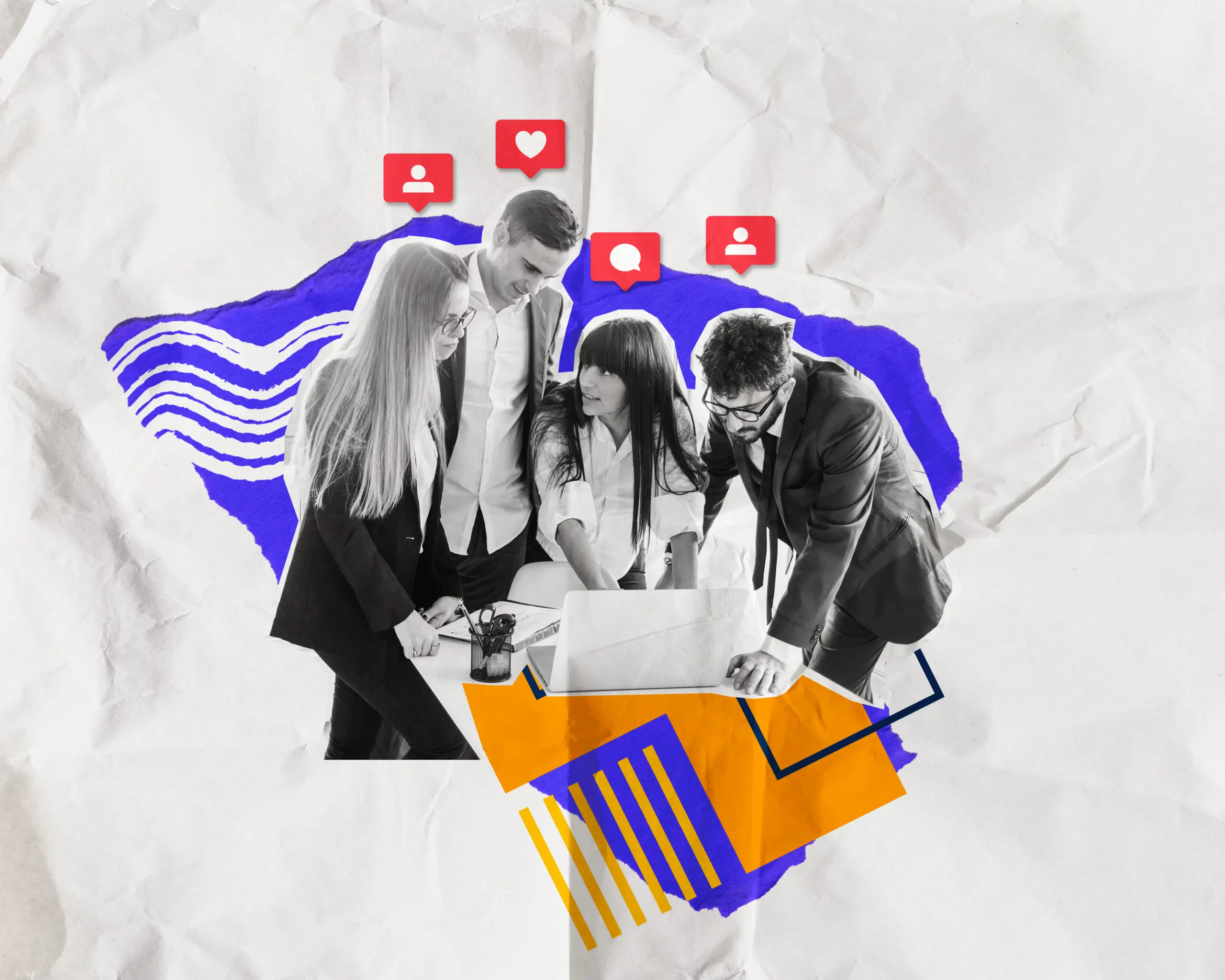 Imagen de fondo de la página Acerca de Nosotros. Grupo de 4 trabajadores charlando y discutiendo un tema.